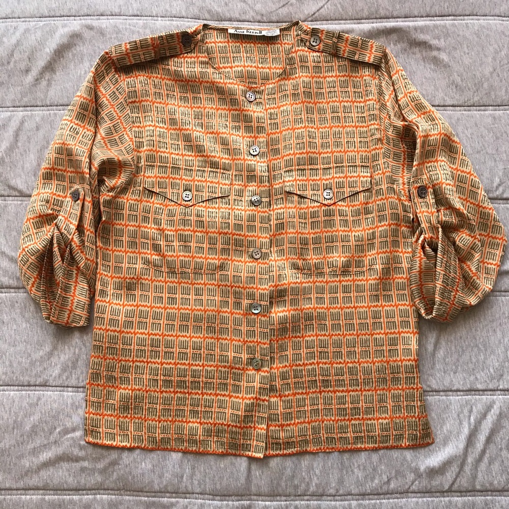 Vintage Anne Klein II Silk Blouse Orange Khaki Olive Beige Pattern Small